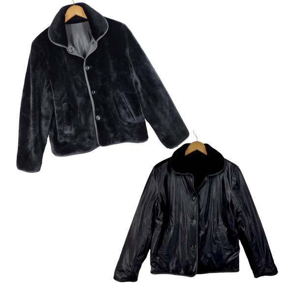 The Learsi Collection Jackets & Blazers - Vtg Learsi Reversible Faux Fur Jacket‎ M Women Black Pockets READ